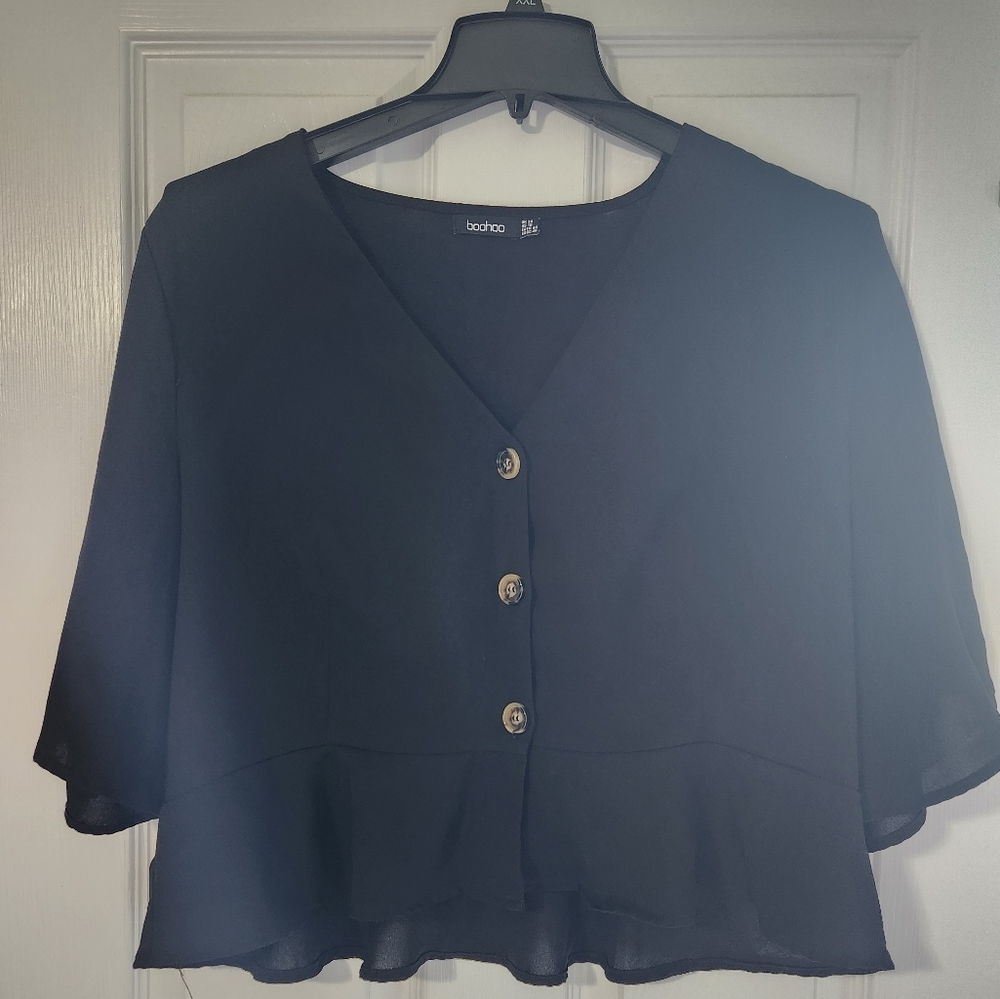 Black crop frill blouse